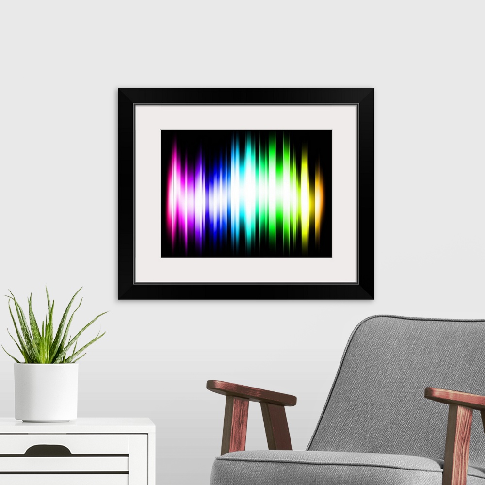 A modern room featuring Abstract Rainbow Spectrum Light Rays, Digital Art