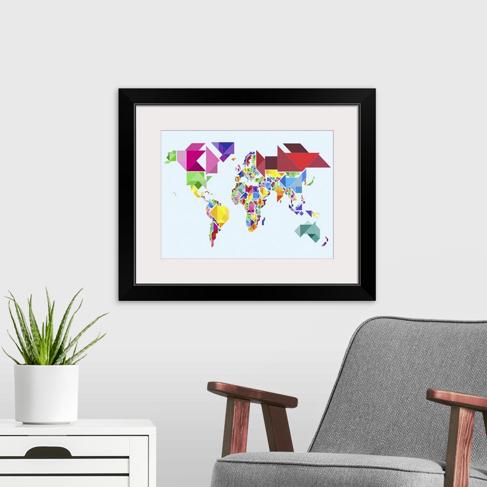 A modern room featuring Abstract Tangram Map of the World. The Tangram is a Chinese dissection puzzle, consisting of seve...