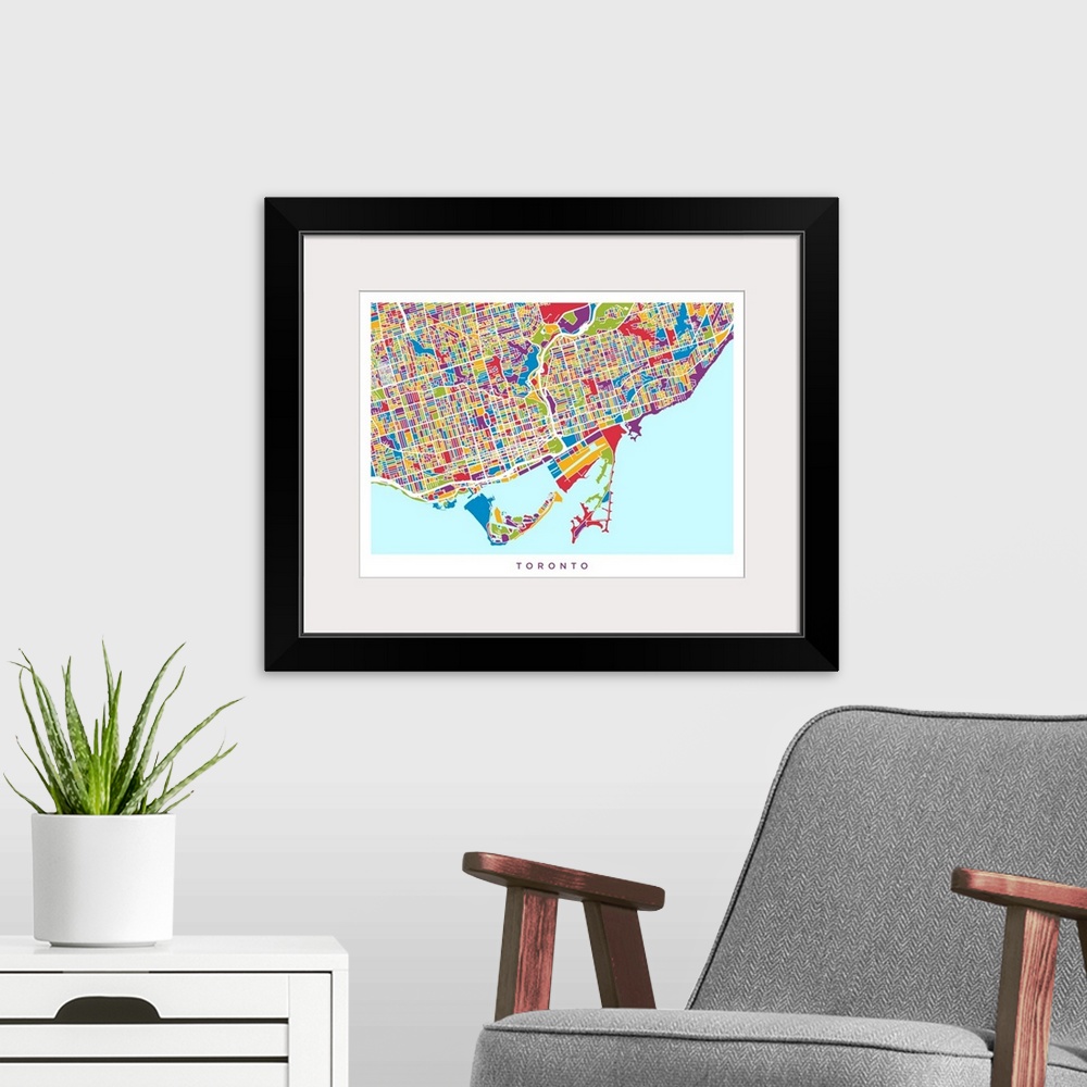 A modern room featuring Watercolor art map of Toronto city streets.