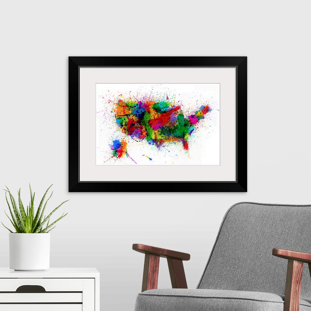 A modern room featuring United States Paint Splashes Map