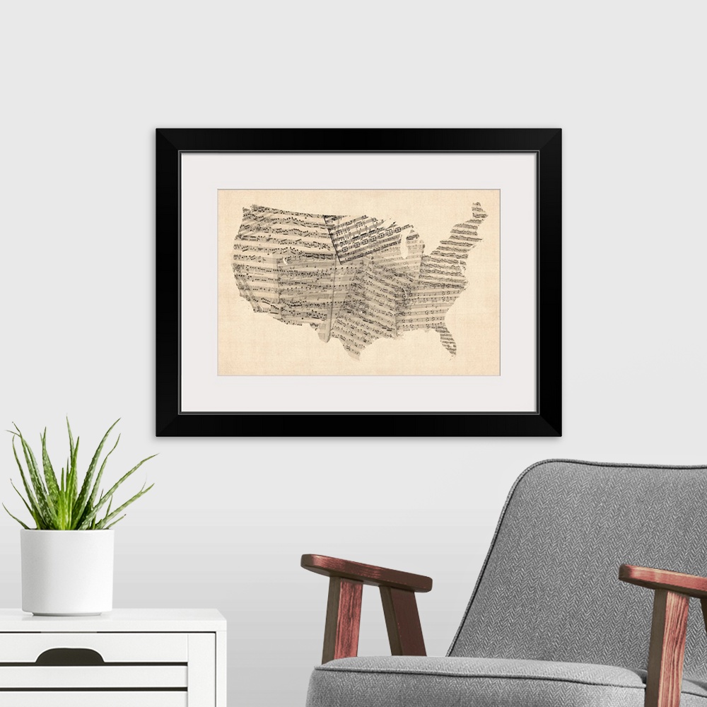 A modern room featuring United States Sheet Music Map