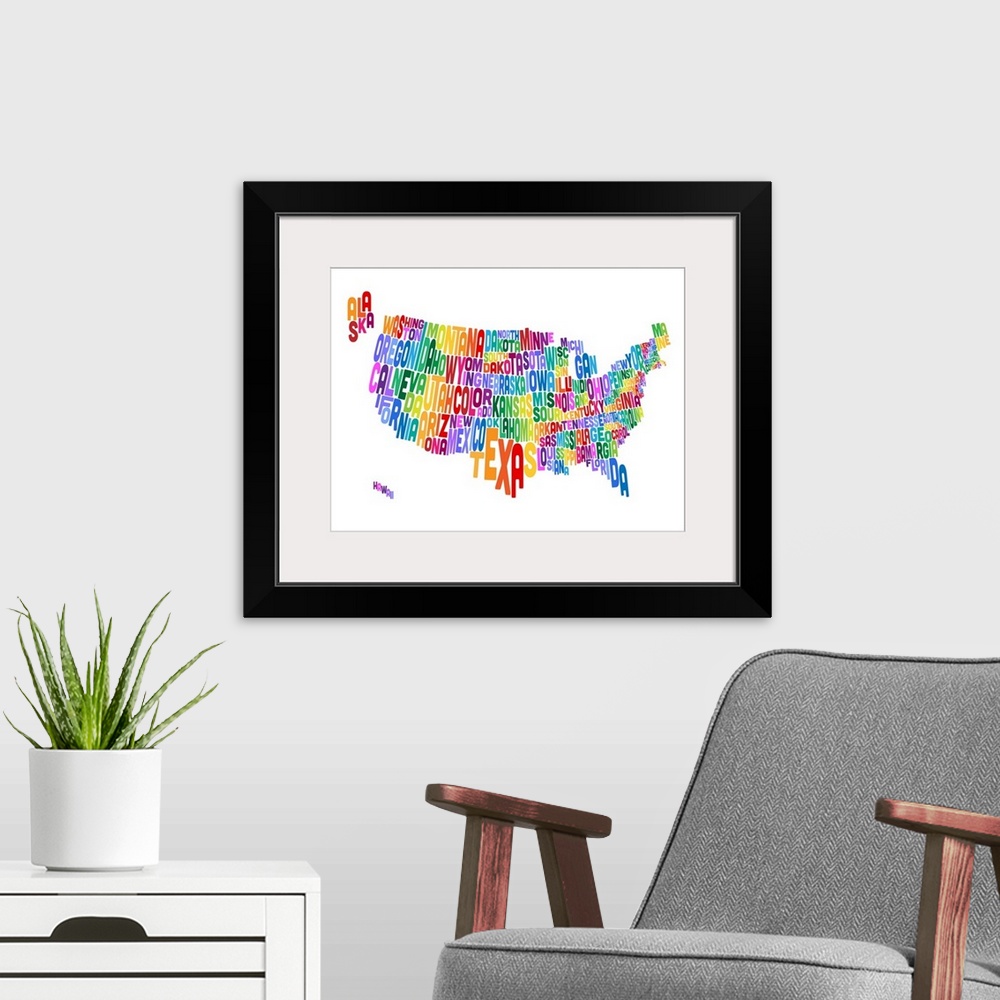 A modern room featuring Contemporary typography world map. Each state shape is the name of that state.