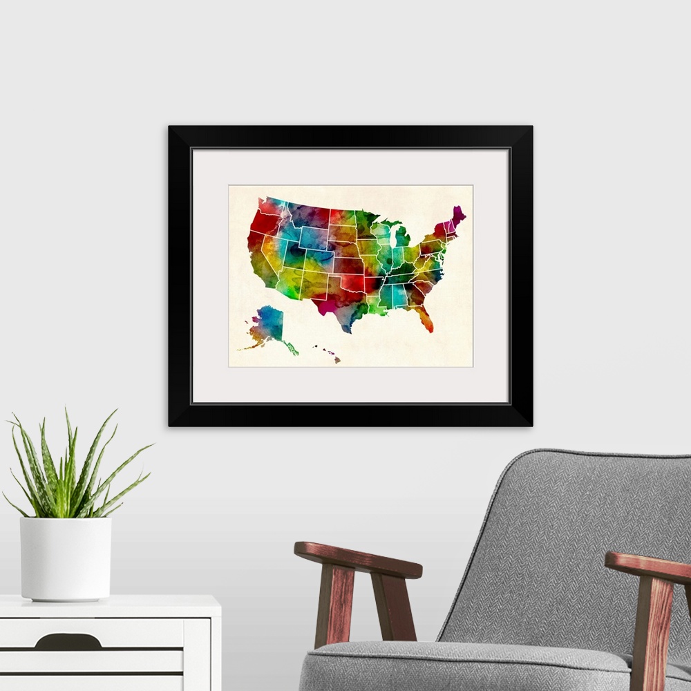A modern room featuring United States Watercolor Map