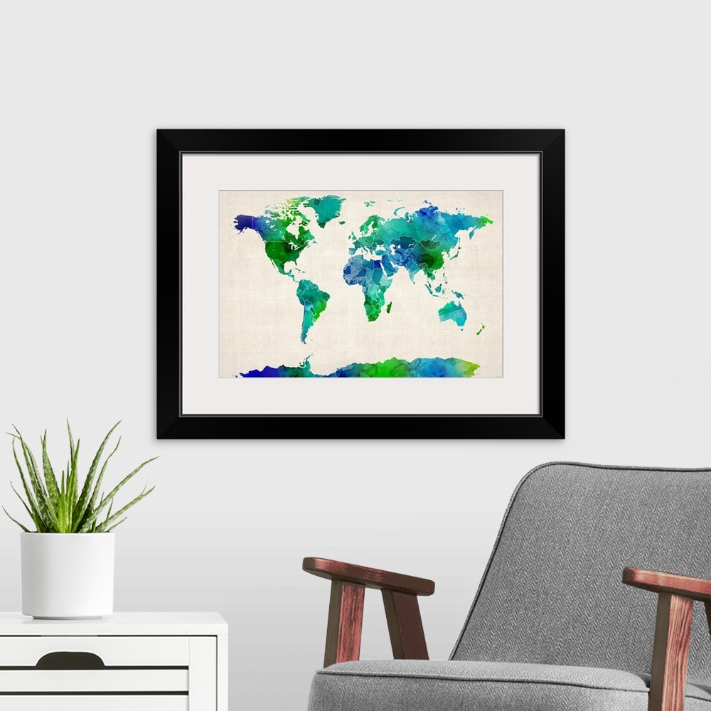 A modern room featuring Watercolor Map of the World, Green and Blue