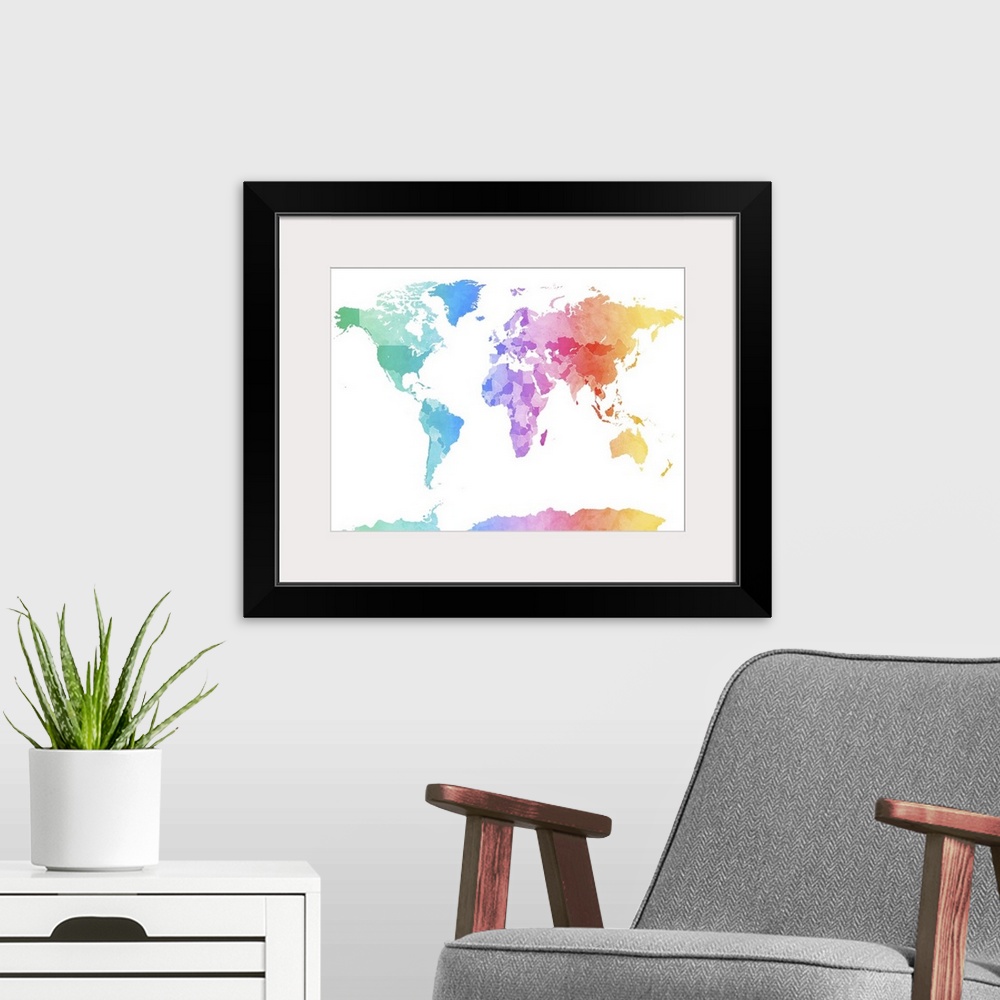 A modern room featuring Watercolor art world map against a white background.
