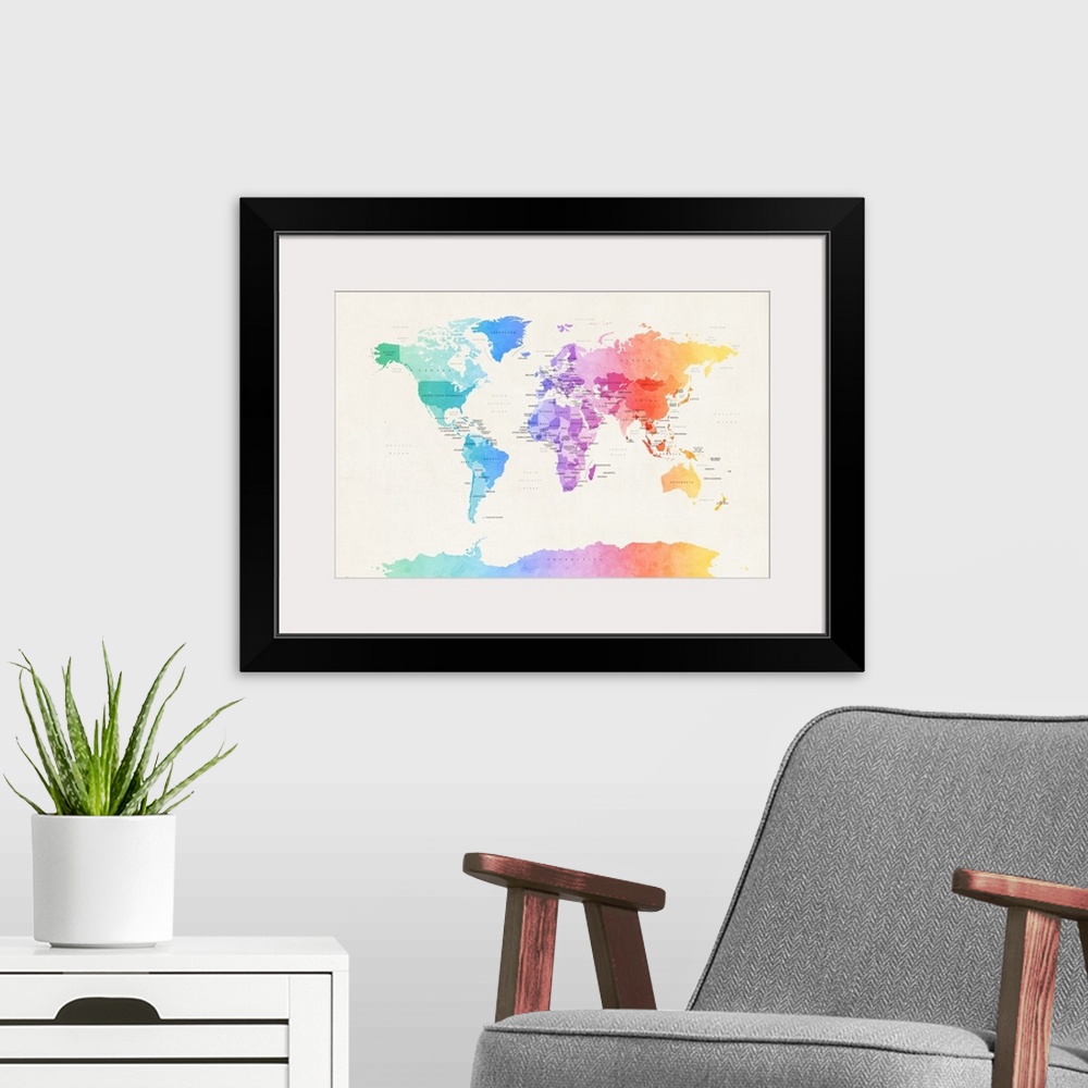 A modern room featuring Contemporary watercolor political world map in a spectrum of bright colors.