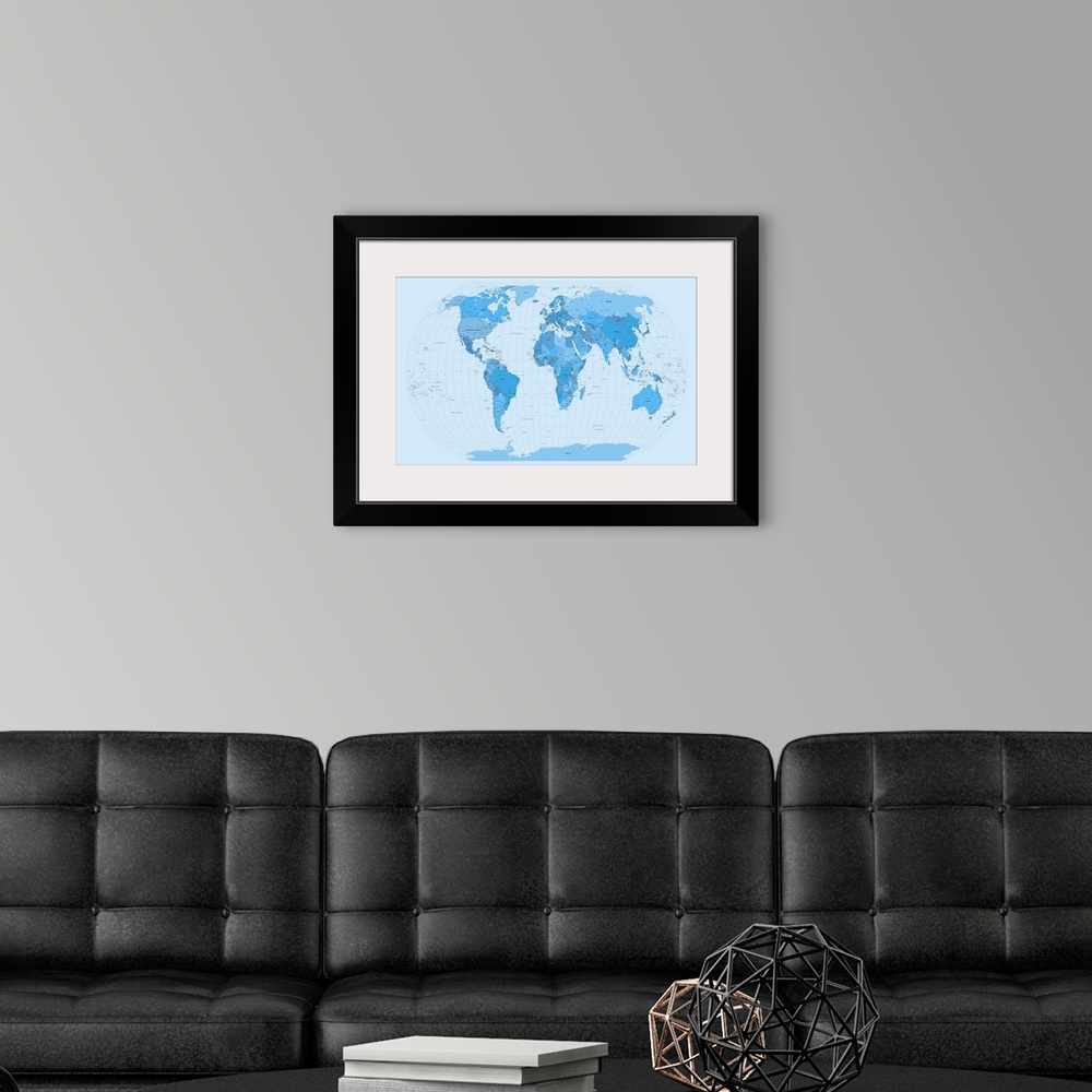 A modern room featuring Map of the world with country names, city names, major cities, island names, sea names and gratic...