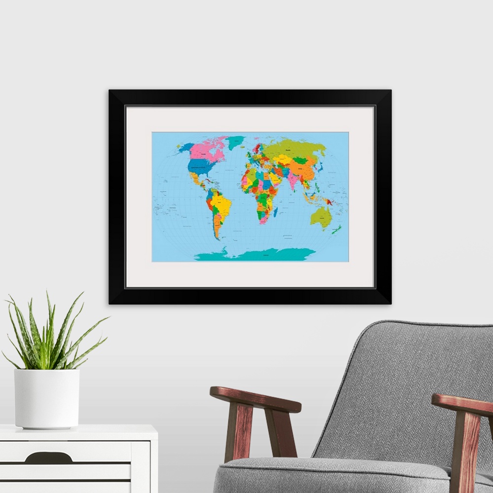 A modern room featuring Wall art of a political world map with numbered latitude, longitude lines, and bright colors maki...