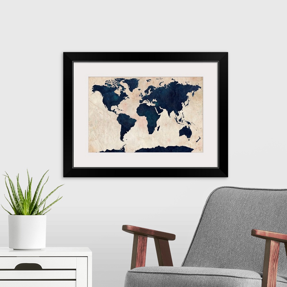 A modern room featuring Big canvas art of distressed stenciled map of the world with the continents silhouetted.