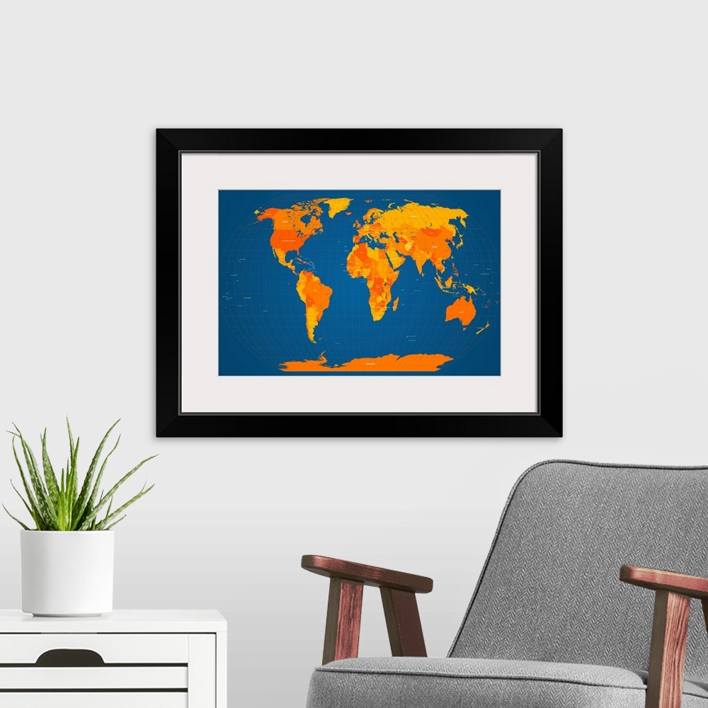 A modern room featuring World map labeled with all the countries and oceans with latitude and longitude lines.