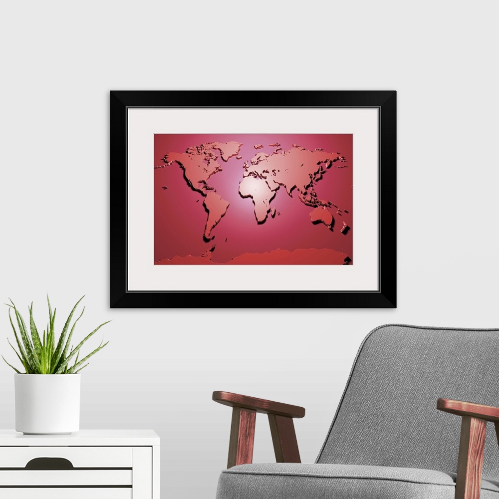 A modern room featuring A map of the world in red, created from a 3D digital render. Maps come in many shapes and forms. ...