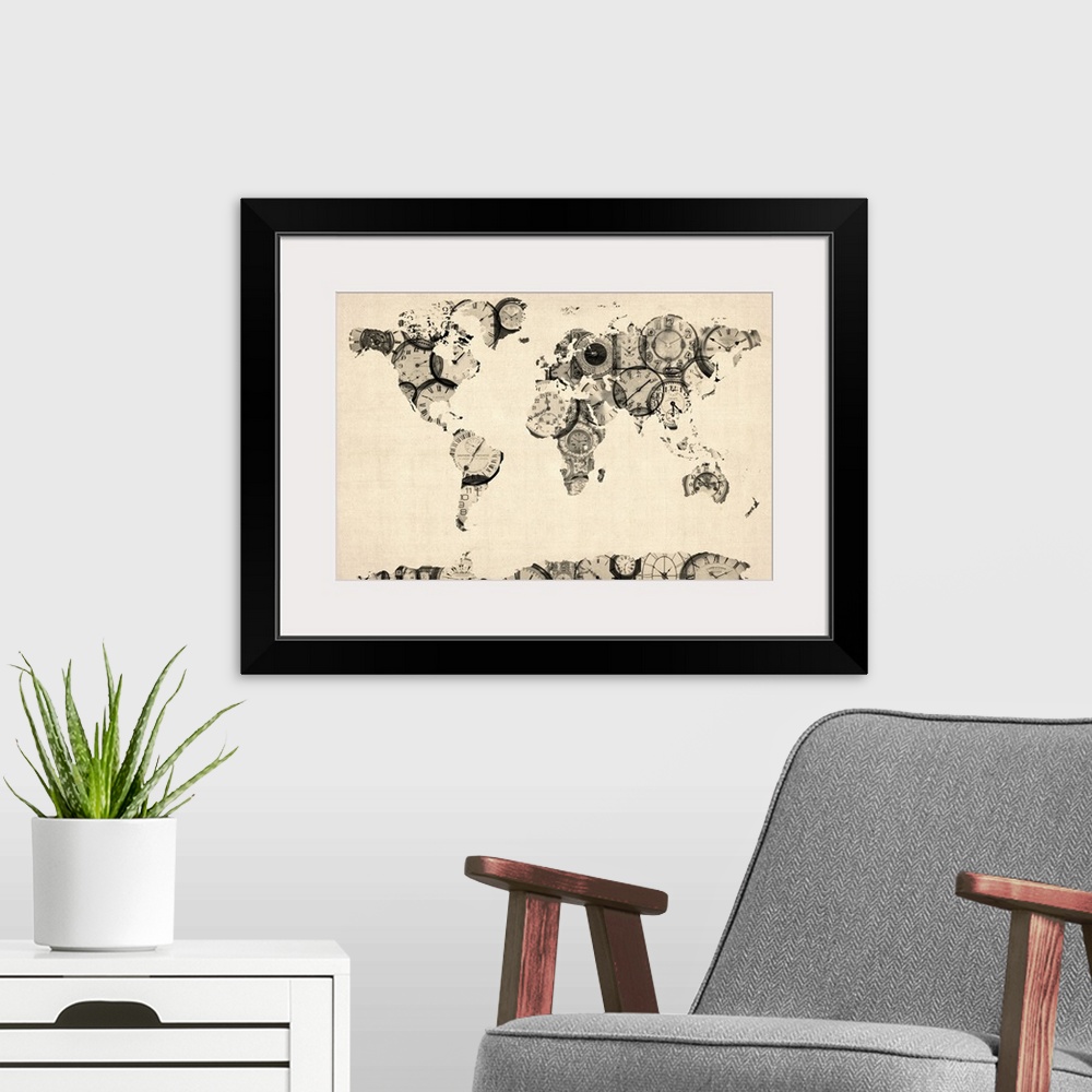 A modern room featuring Large map of the world printed on canvas created with a bunch of clock images.