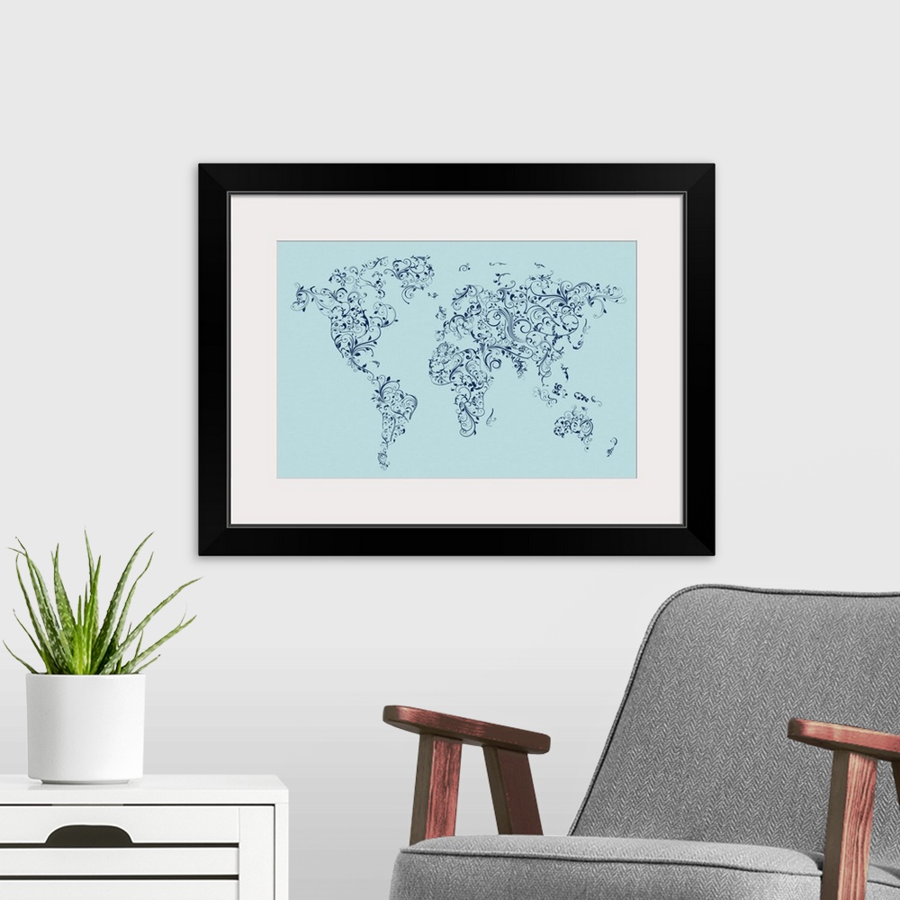 A modern room featuring World map made up of Floral Swirls - blue background