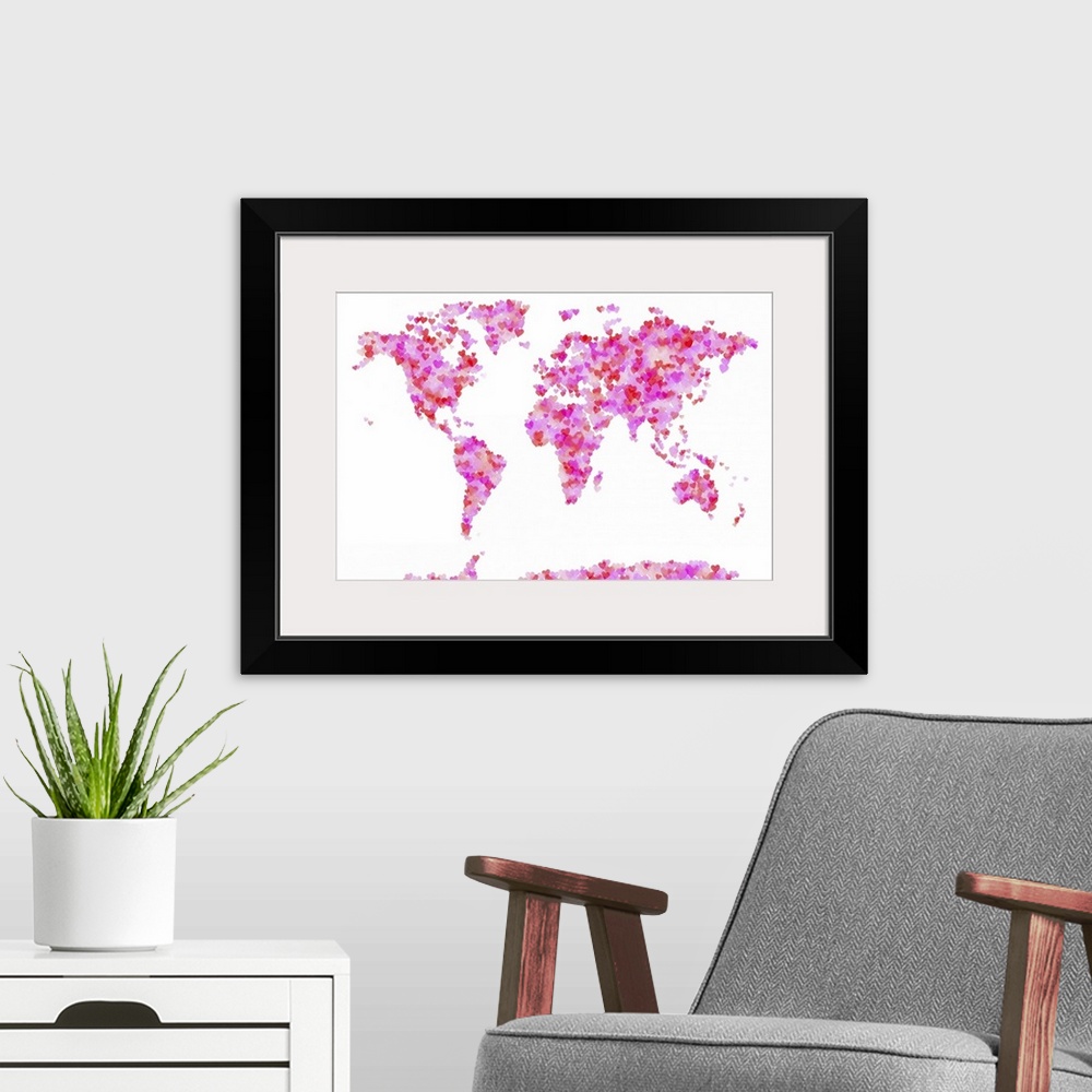 A modern room featuring World map created with hearts on a blank canvas.