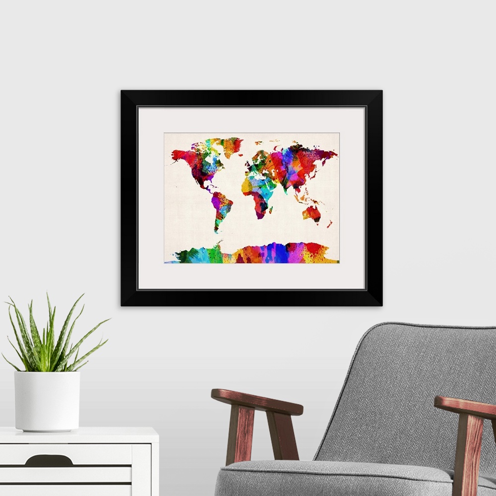 A modern room featuring World Map made up of pain