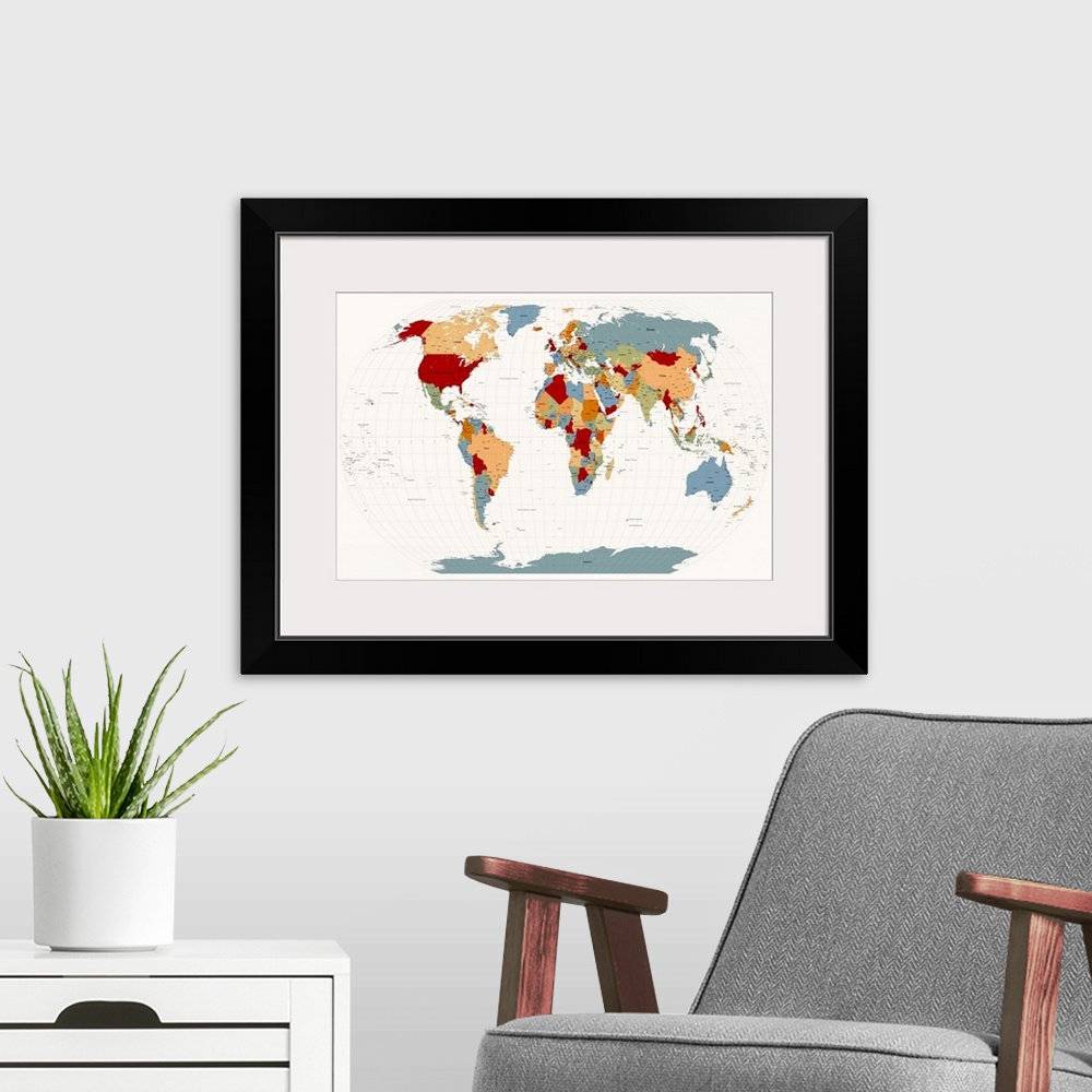 A modern room featuring Political map of the world showing country boundary lines.  The map also shows oceans and lines o...