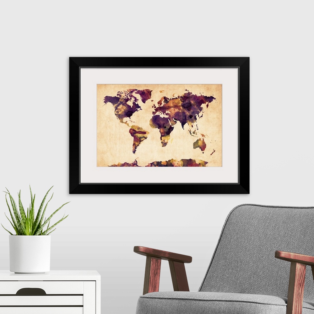 A modern room featuring World Map Watercolor, Purple