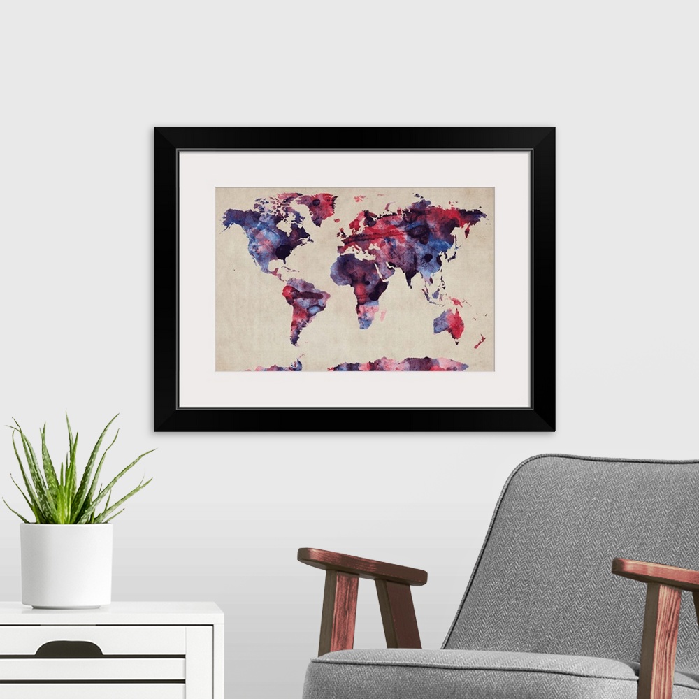 A modern room featuring World Map Watercolor, Red and Blue