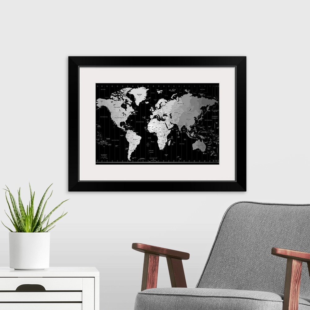 A modern room featuring A monochromatic political map of six continents where each time zone is depicted in a different s...