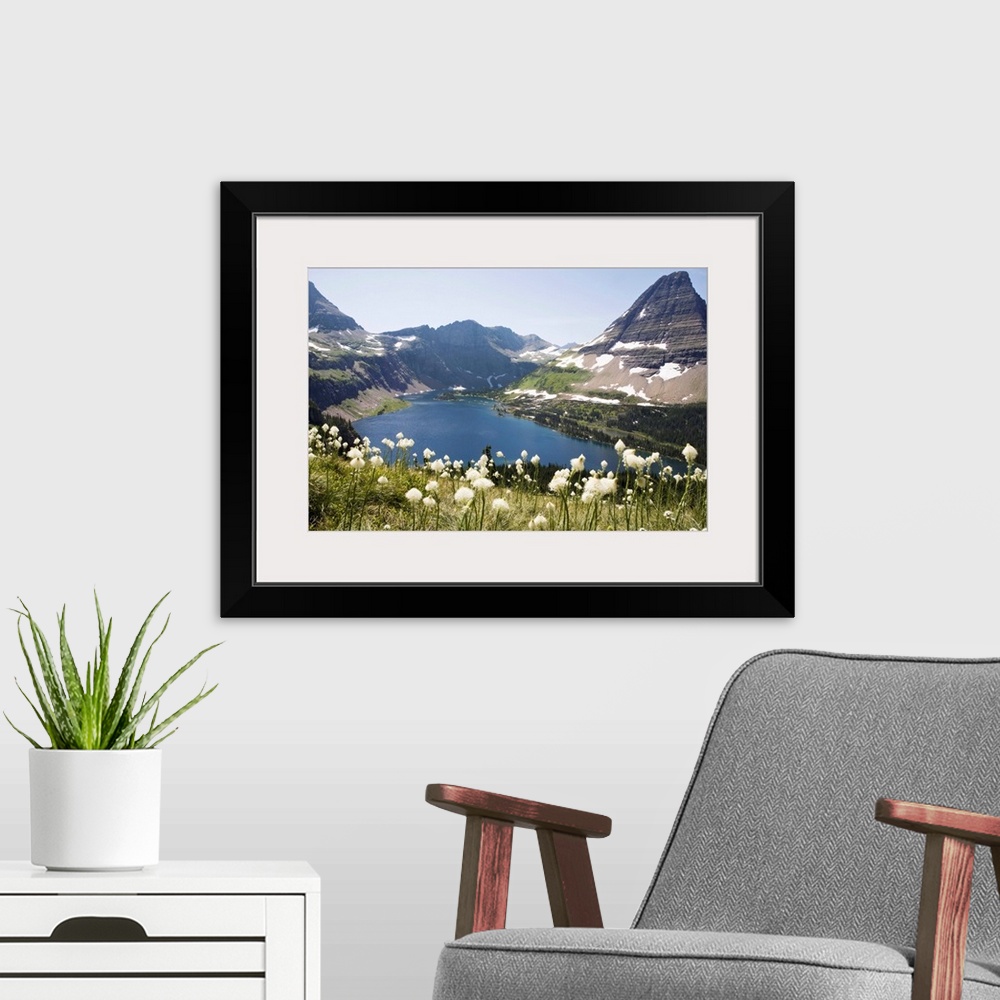 A modern room featuring Bear Grass blooming with Hidden Lake and Bearhat Mountain, Montana
