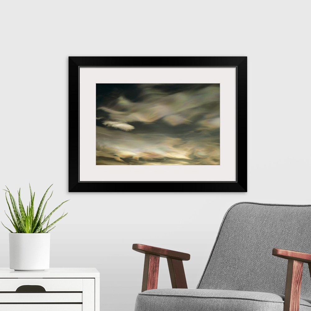 A modern room featuring An abstract artwork piece of clouds in a winter sky. There is a pearl essence and wave like appea...