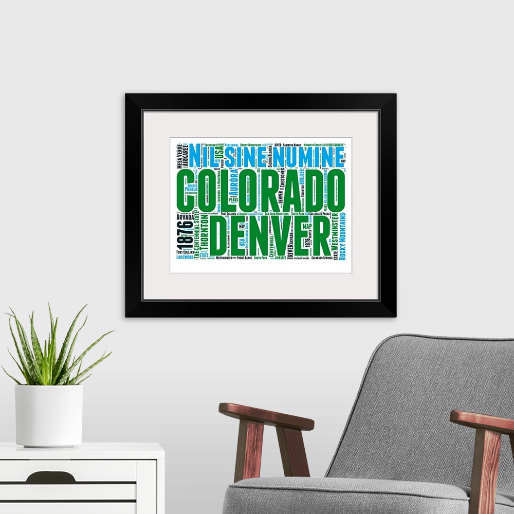 A modern room featuring Typography art map of the US state Colorado.