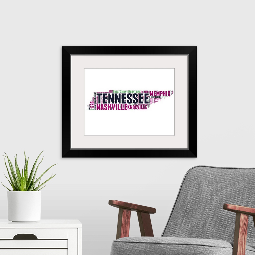 A modern room featuring Typography art map of the US state Tennessee.