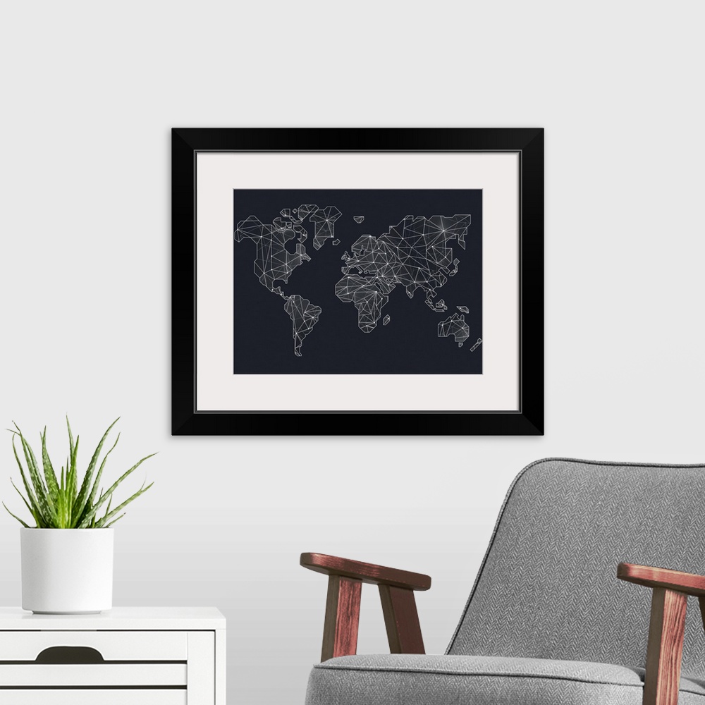 A modern room featuring Contemporary world map artwork made from wire.