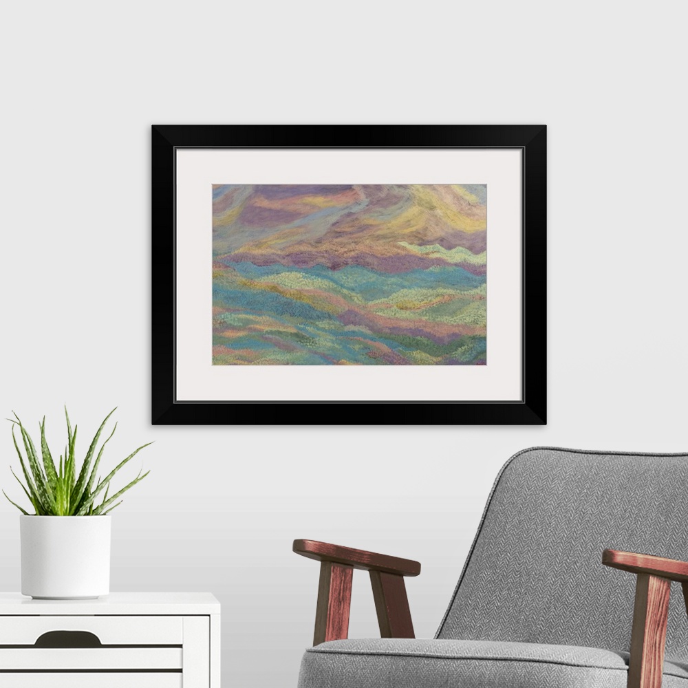 A modern room featuring Quiet Guitron selects a palette of pastel tones to paint this enchanting abstract landscape. Dawn...