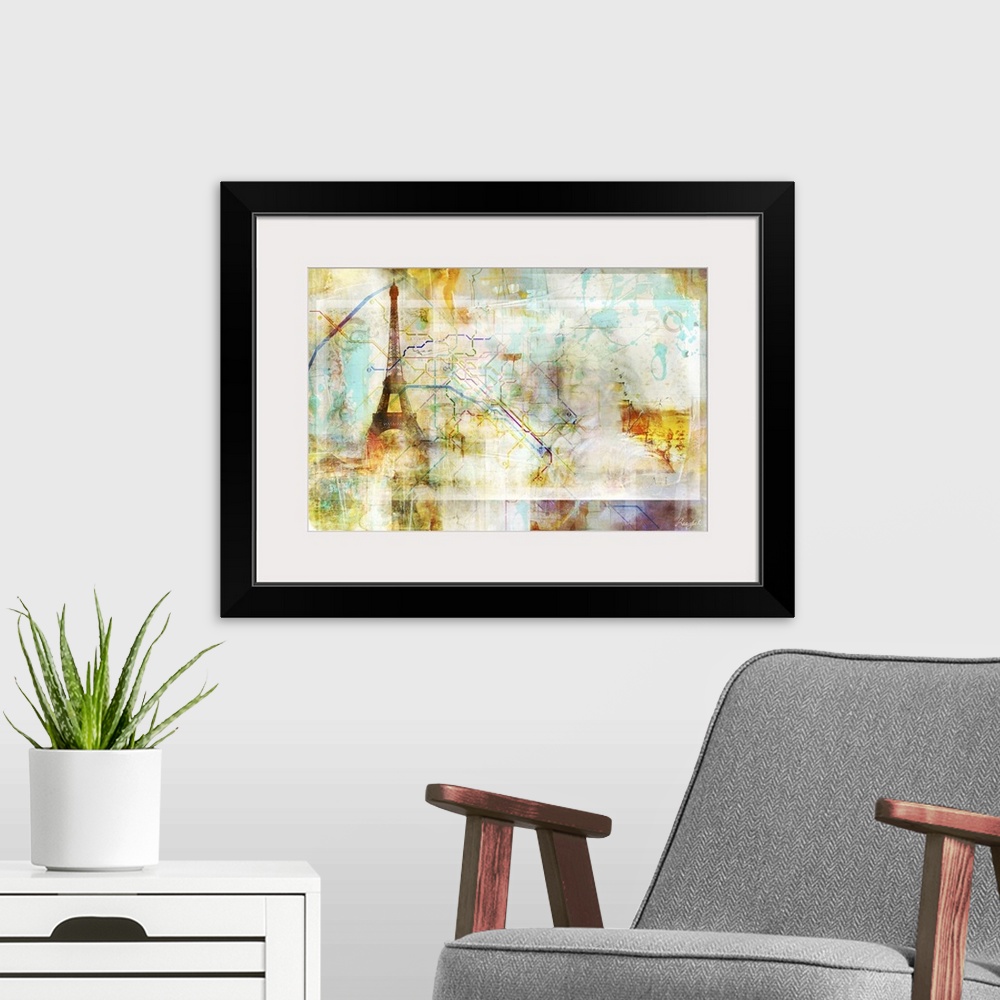 A modern room featuring This contemporary colorful artwork of the Eiffel tower and Paris map bring vibrancy to any room.