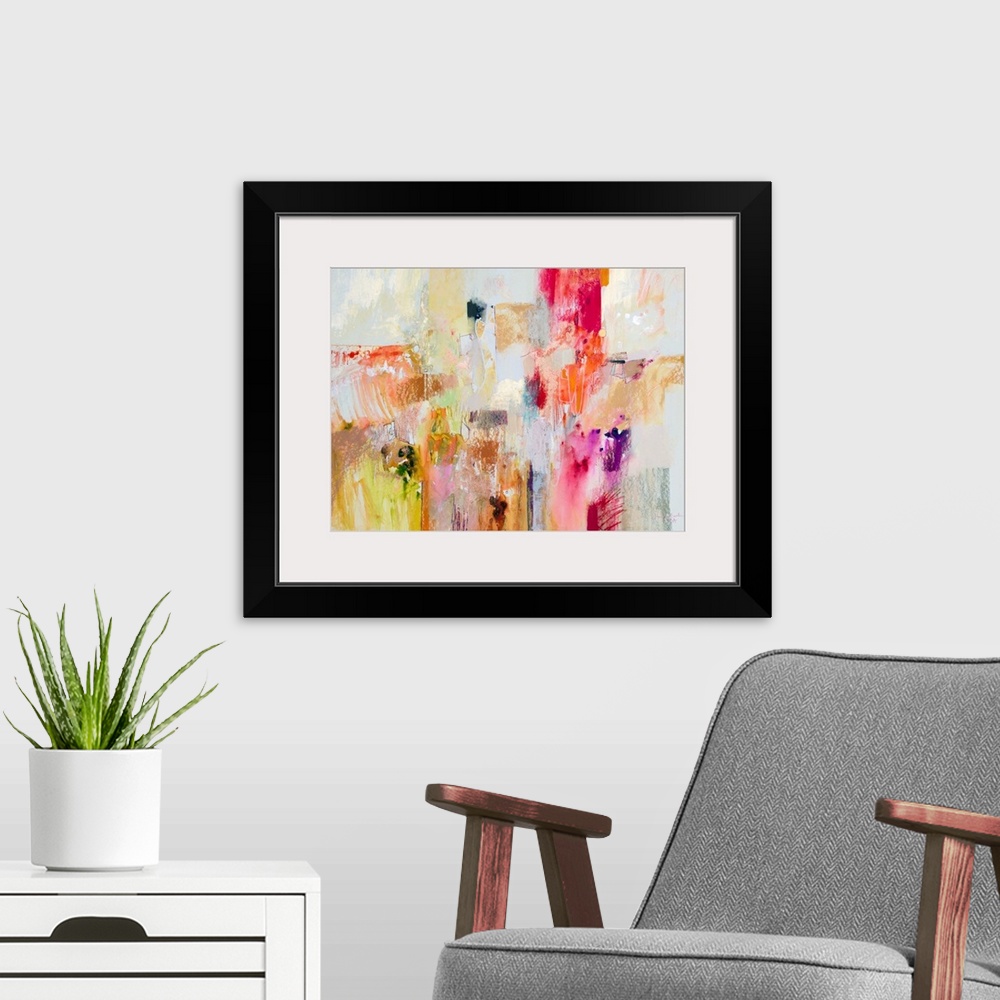 A modern room featuring Contemporary abstract art, originally in acrylic and watercolor, of angular shapes in red and yel...
