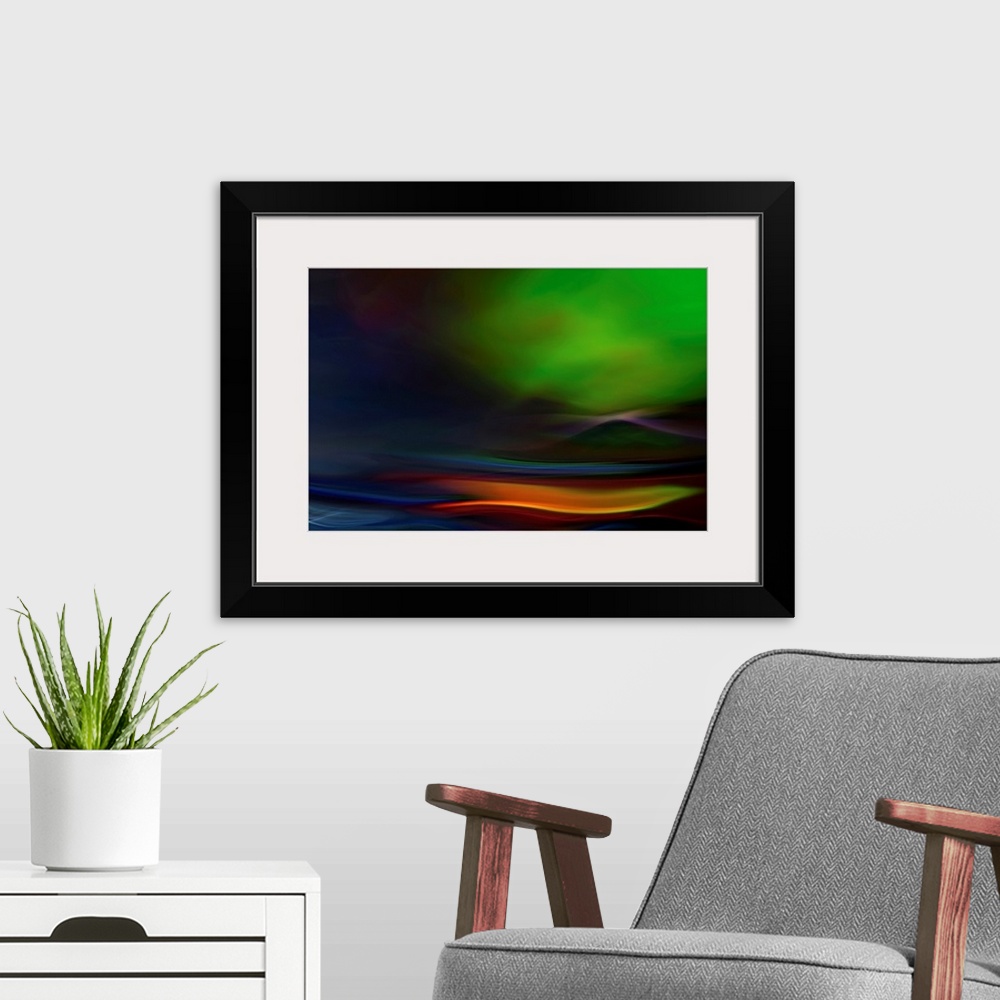 A modern room featuring Abstract artwork that is a close up of the aurora lights. Green is the prominent color with vario...