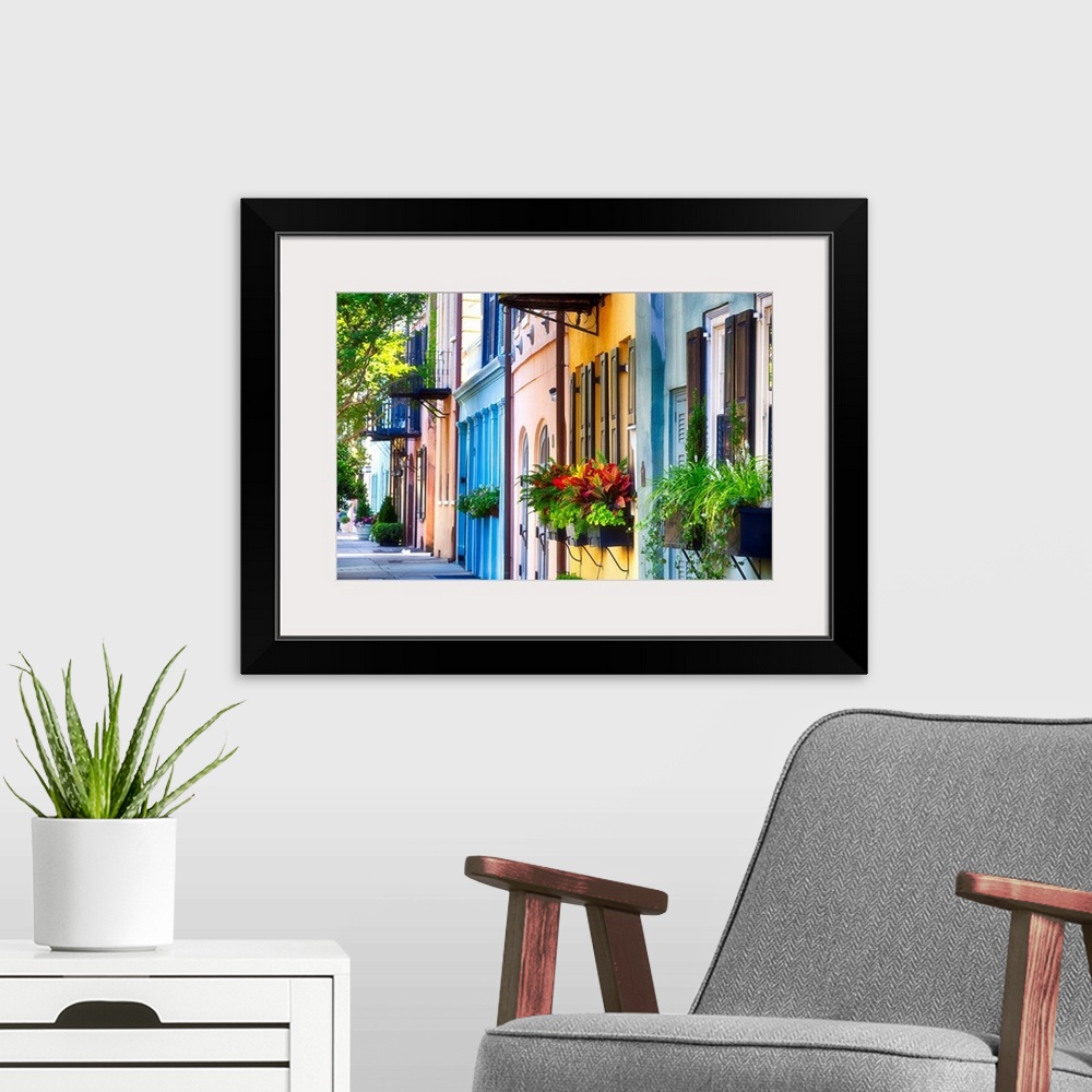 A modern room featuring Row of Colorful Historic Houses, Rainbow Row, East Bay Street, Charleston, South Carolina