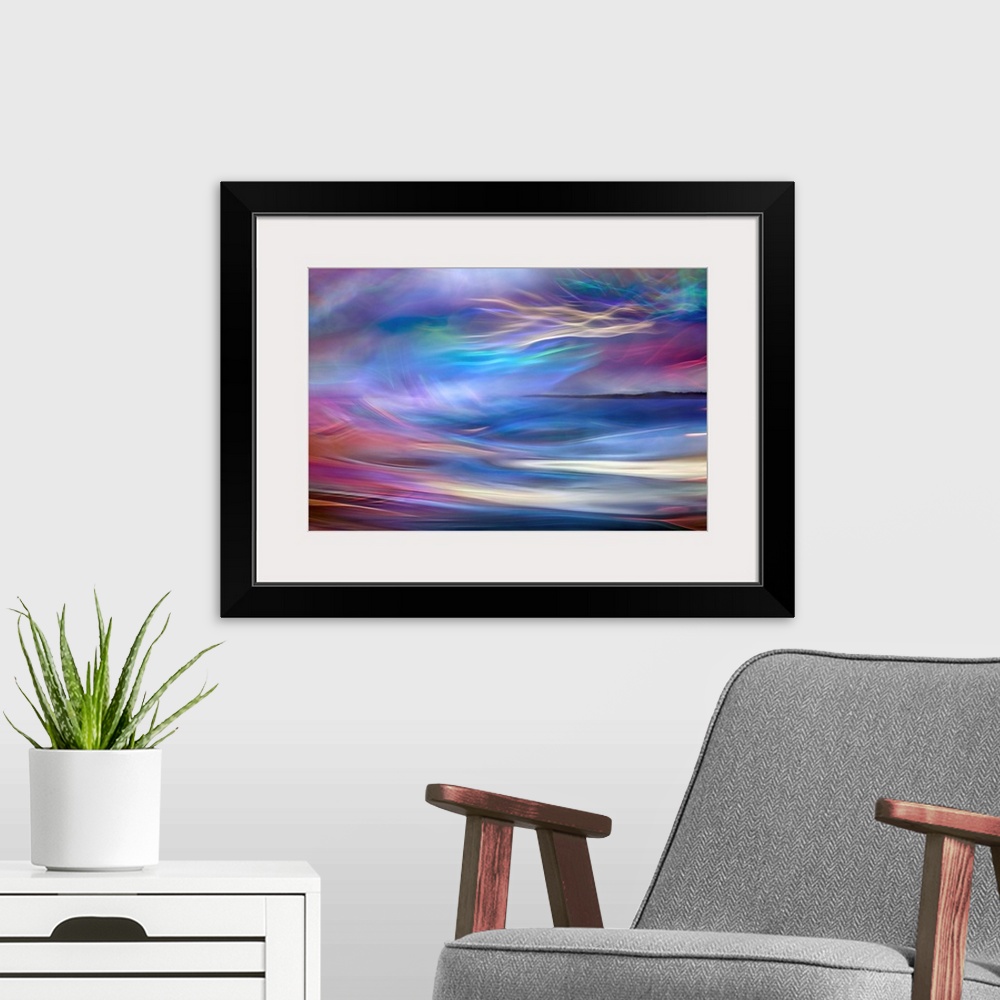 A modern room featuring Abstract photograph using time lapsed photography techniques creating indistinct light trails ble...