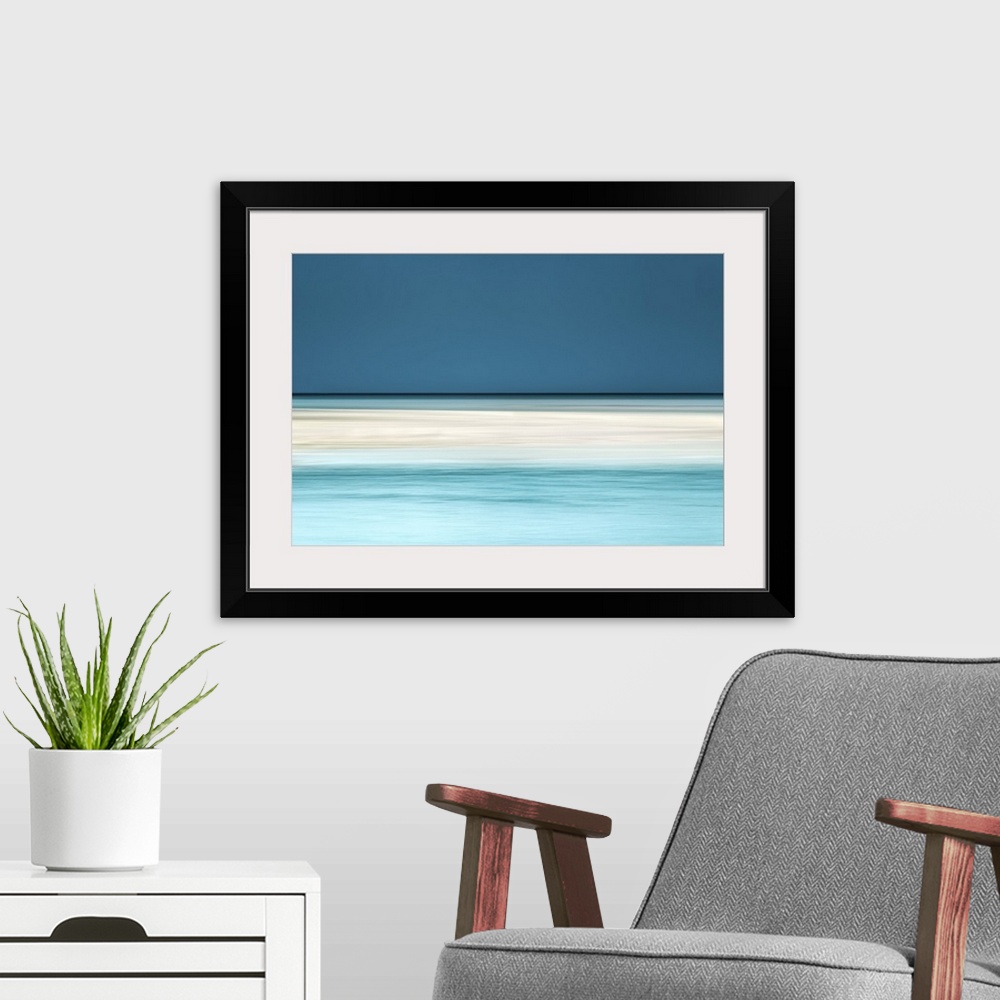 A modern room featuring Minimalist abstract of summer water around a sandbank in cream and teal.