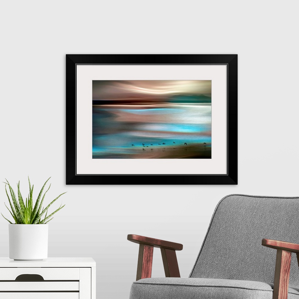 A modern room featuring Horizontal, large artwork for a living room or office. Warm and cool tones swirl across a horizon...