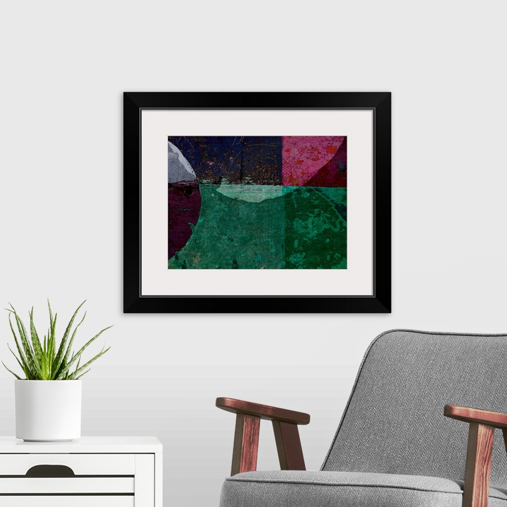 A modern room featuring Jewel toned artwork layered with heavy textures and a distressed speckling.