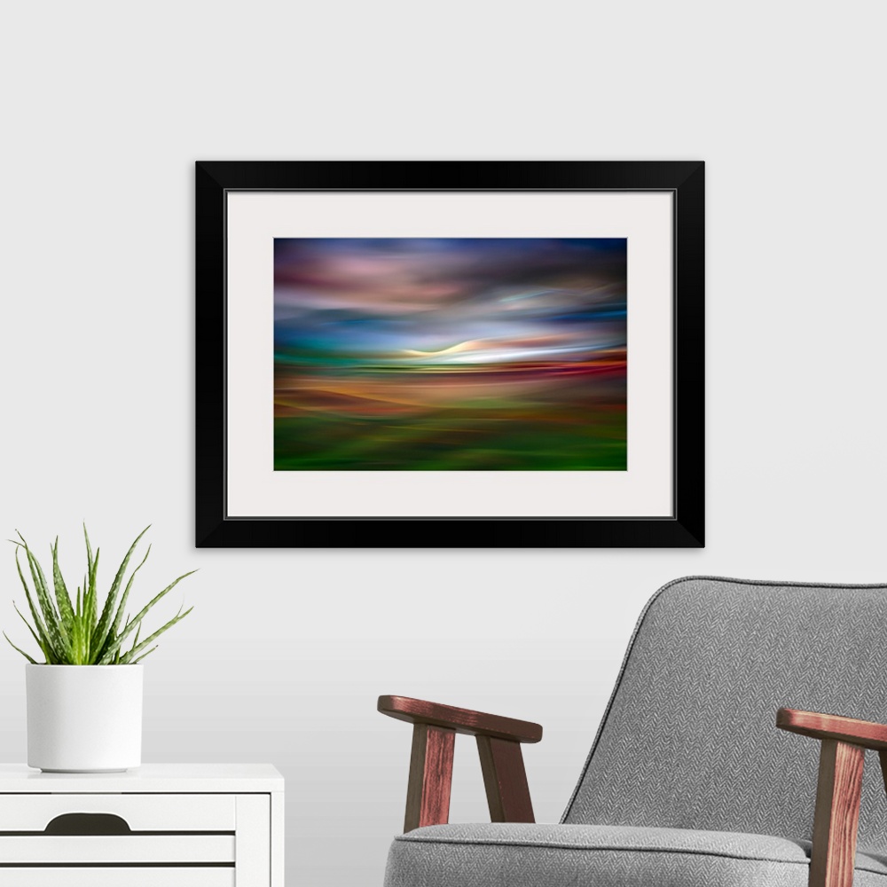 A modern room featuring Fine art abstract photograph of the Palouse countryside in Washington.