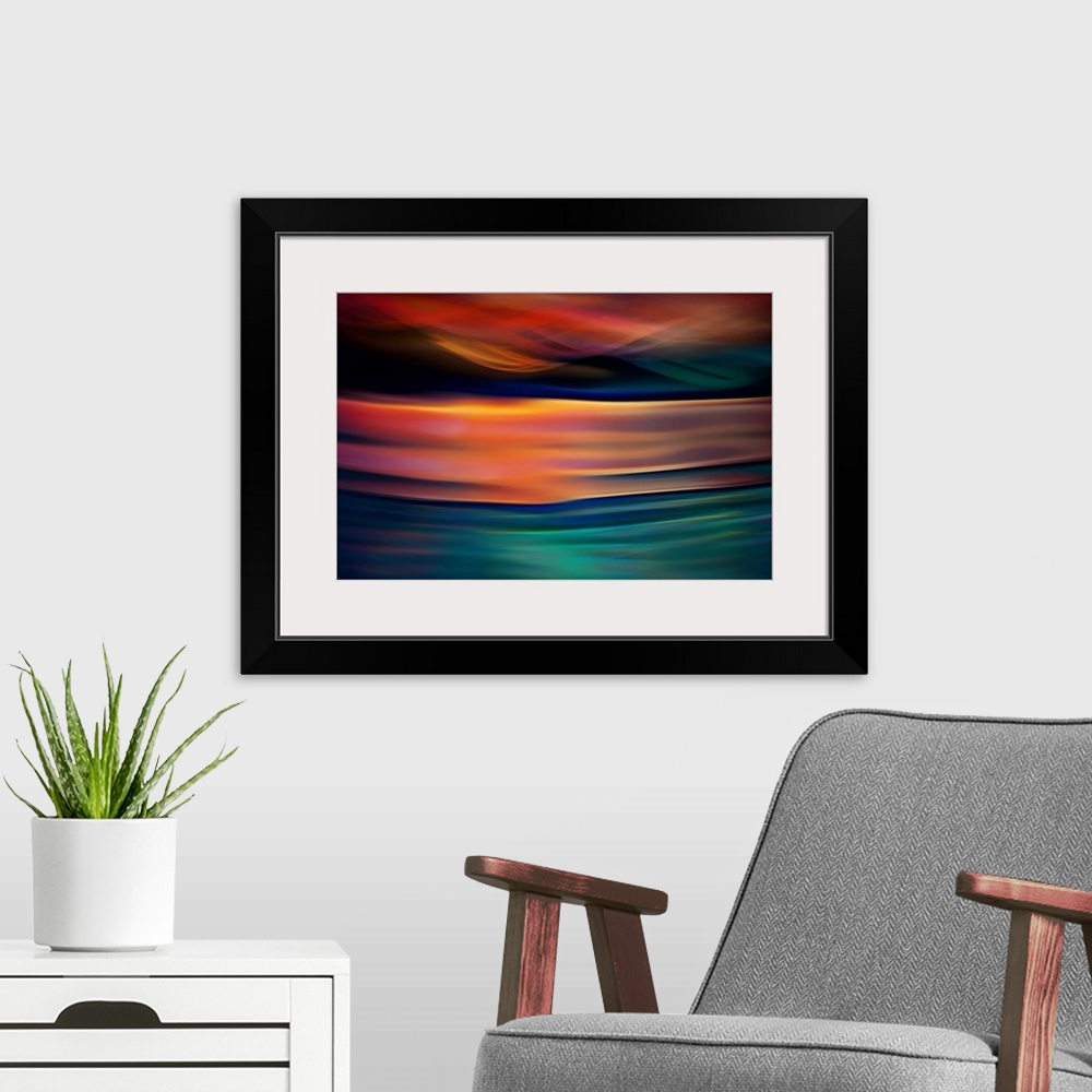 A modern room featuring Abstract art with colorful waves of color running horizontally across the canvas in a dreamlike way.