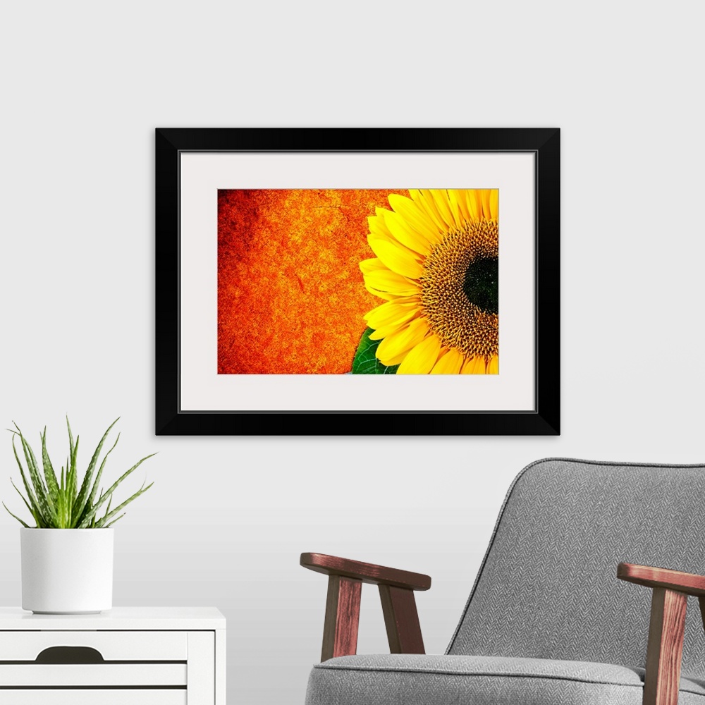 A modern room featuring A vibrant, landscape photograph of a golden sunflower on the right, against a fiery orange and re...