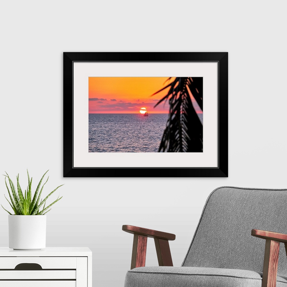 A modern room featuring A photo of sun setting behind a boat on water in Puerto Vallarta, Mexico with a palm tree leaf on...