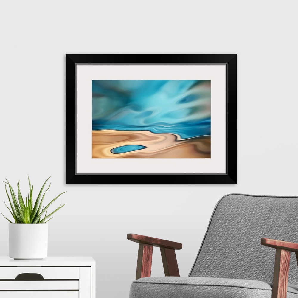 A modern room featuring Abstract photography - representation of a small lagoon close to a much larger body of water, lik...
