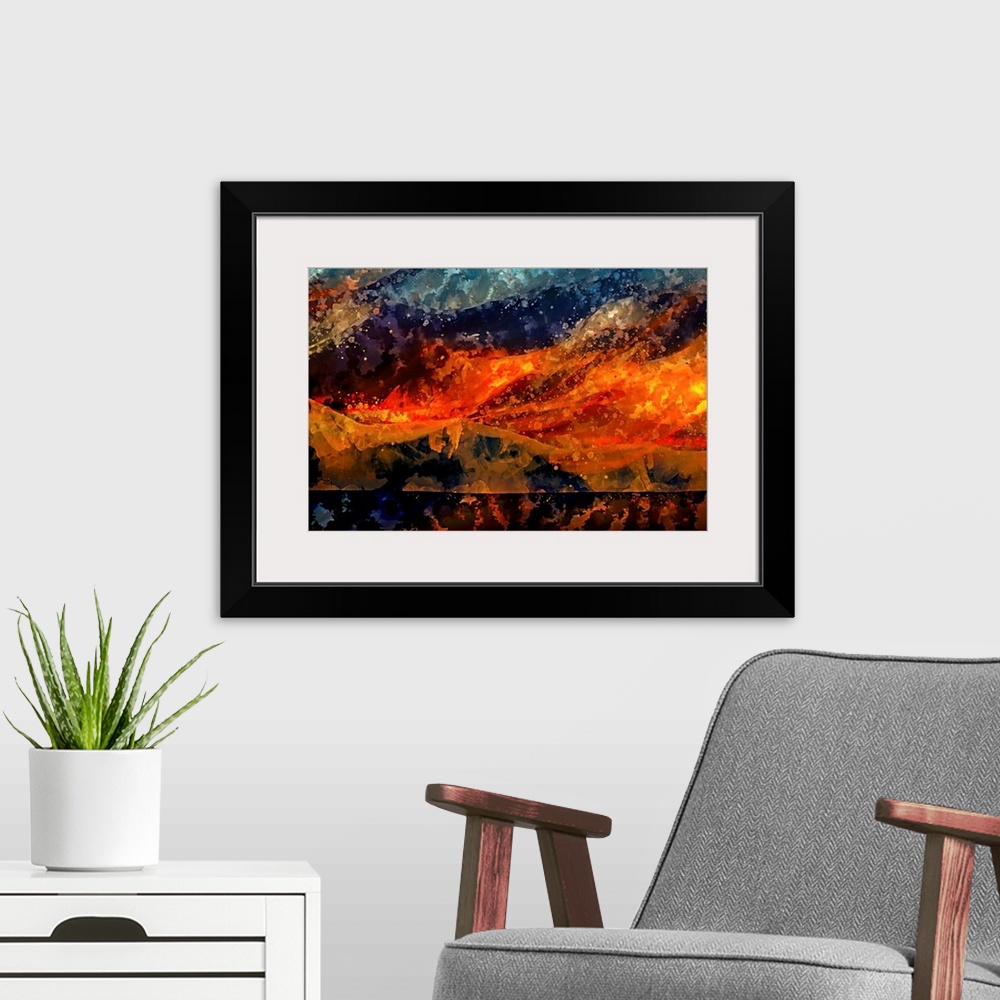 A modern room featuring An eruption of warm colors wrestling cool shades in this abstract artwork.