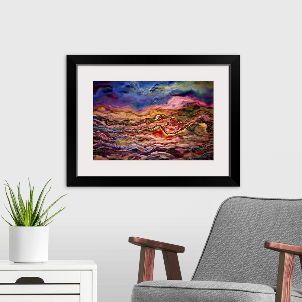 A modern room featuring Abstract photograph of wild shaking layers in pink and blue.