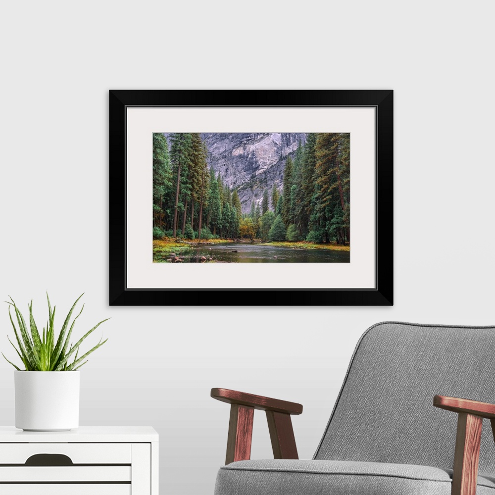 A modern room featuring The beautiful Merced River flowing in Yosemite National Park framed by converging fall and evergr...