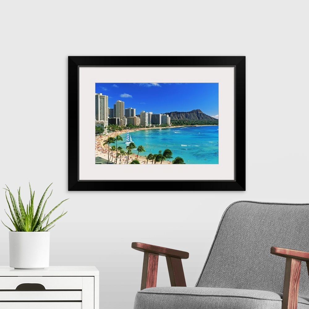 A modern room featuring Palm trees on the beach, Diamond Head, Waikiki Beach, Oahu, Honolulu, Hawaii, USA