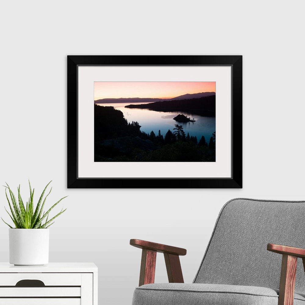 A modern room featuring Silhouette of island in a lake, Fannette Island, Emerald Bay, Lake Tahoe, California, USA