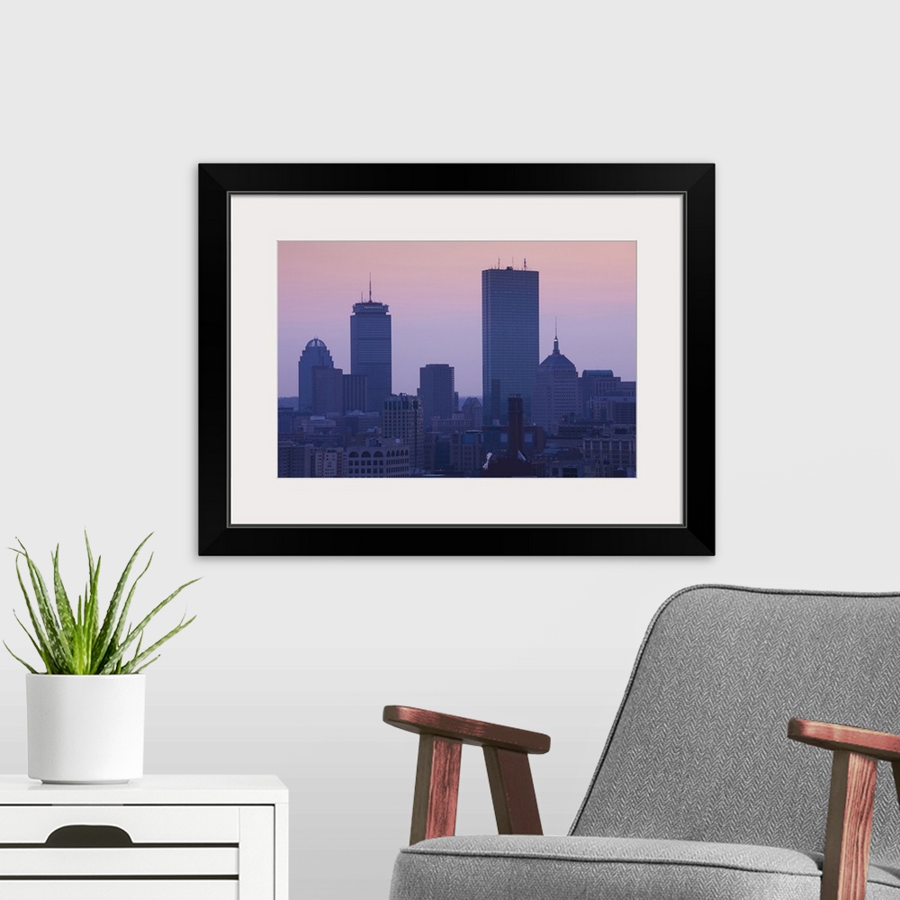 A modern room featuring USA, Massachusetts, Boston, Back Bay, elevated view, dusk
