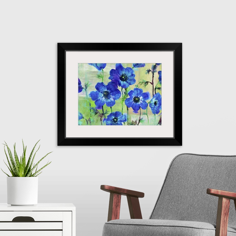 A modern room featuring Deep blue watercolor flowers.