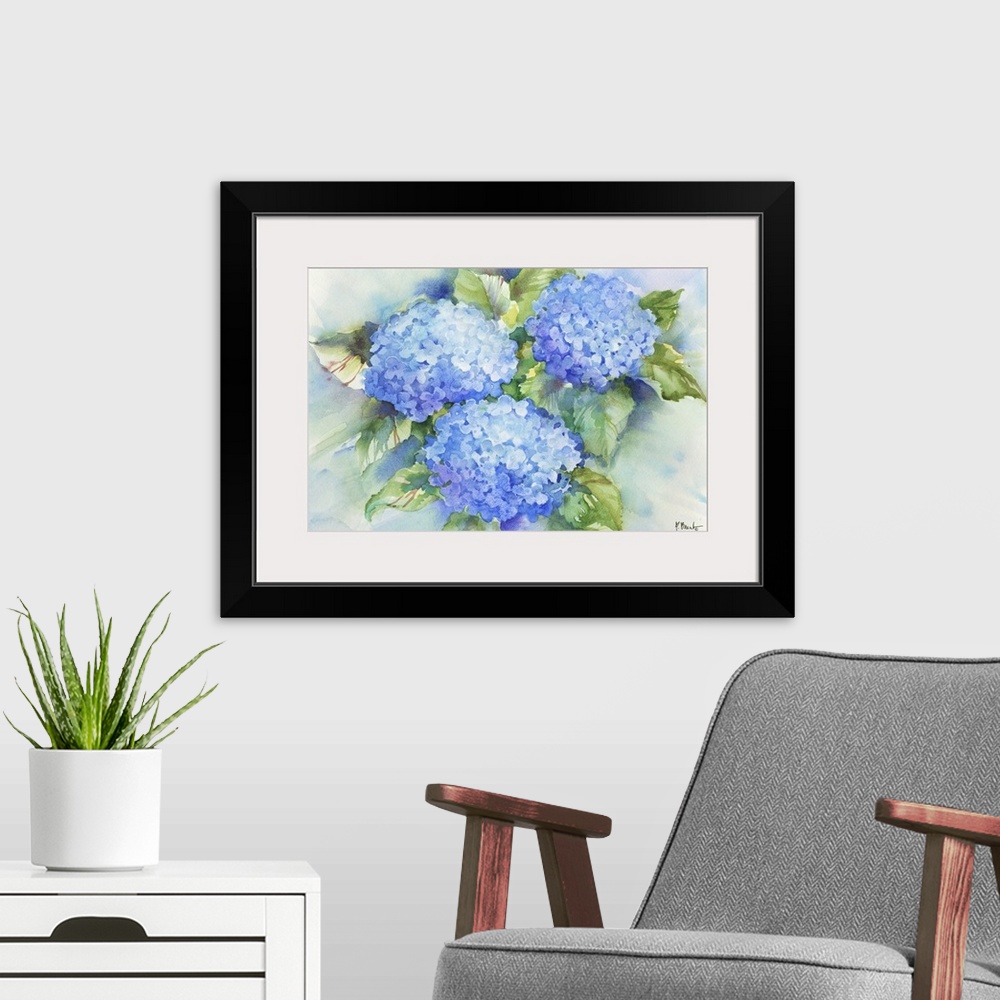 A modern room featuring Large watercolor painting of blue hydrangeas.